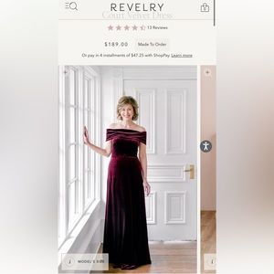 Revelry Court Velvet Dress burgundy off the shoulder bridesmaid dress size 6
